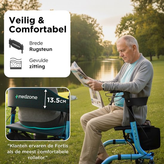Déambulateur Medzone léger et pliable - fonction assise - intérieur et extérieur - dossier et support de canne - bleu