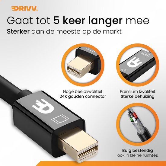 Drivv. Câble Premium Mini DisplayPort vers HDMI - Thunderbolt vers HDMI - Thunderbolt 1/2 - 4K 30Hz - Noir - 1,8 mètres