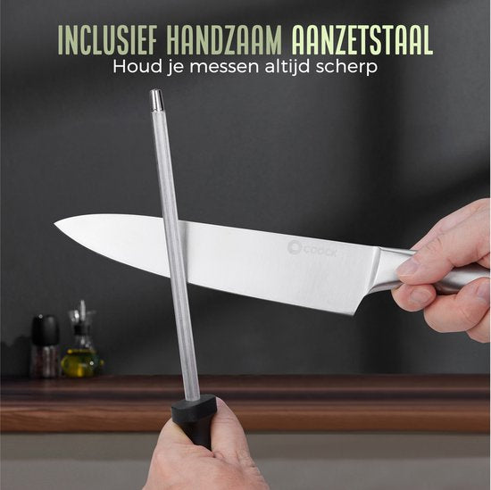 COOCK - Set de couteaux avec bloc et planche à découper pliante - Couteaux de cuisine avec ciseaux et acier d'affûtage (aiguiseur de couteaux) - Set d'ustensiles de cuisine 17 pièces dans un bloc à couteaux - Avec revêtement résistant aux rayures - Entièr