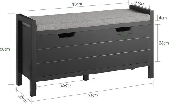 SoBuy Meuble à chaussures - Meuble à chaussures avec rangement et coussin d'assise - 2 portes - Noir
