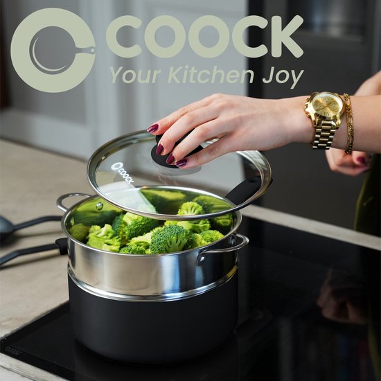COOCK Batterie de cuisine à induction 19 pièces - Revêtement spécial antiadhésif - Poignées ergonomiques à froid - Aluminium recyclé - Ensemble de poêles à frire - Ensemble de casseroles - Noir/Blanc - Sous-verres et livre électronique inclus