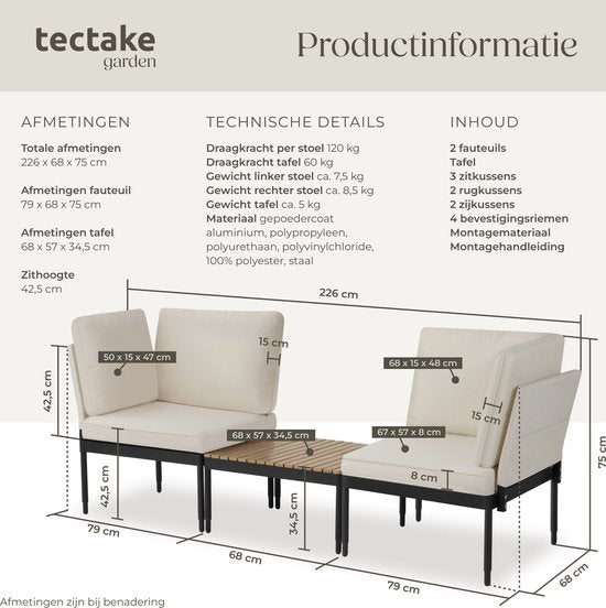 tectake® - Magaluf lounge set - Salon de jardin 5 en 1 avec structure en aluminium - 2 fauteuils de jardin et 1 table basse - Peut être utilisé comme chaise longue, banc d'angle ou banc de jardin 2 places - Coussins inclus - Set de balcon 2 personnes