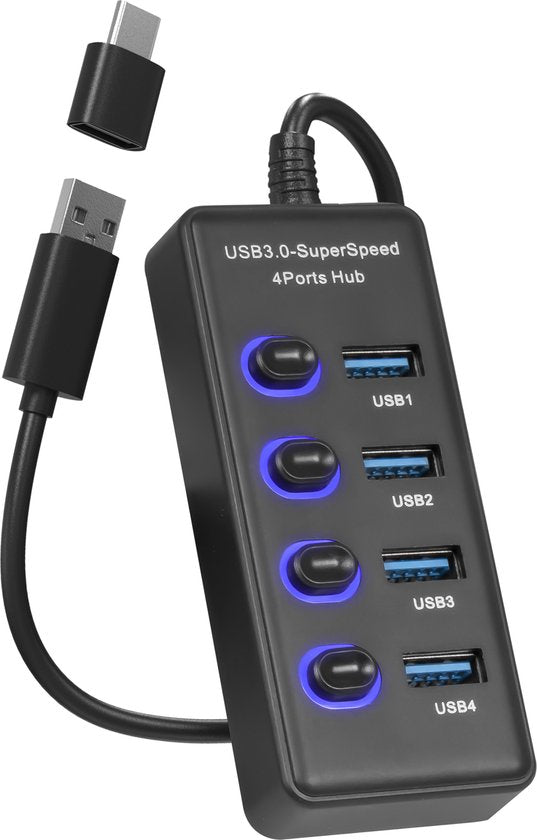 Nuvance - Hub USB 3.0 - 4 ports - Répartiteur - Hub/adaptateur USB C - Universel - Interrupteur marche/arrêt - Noir