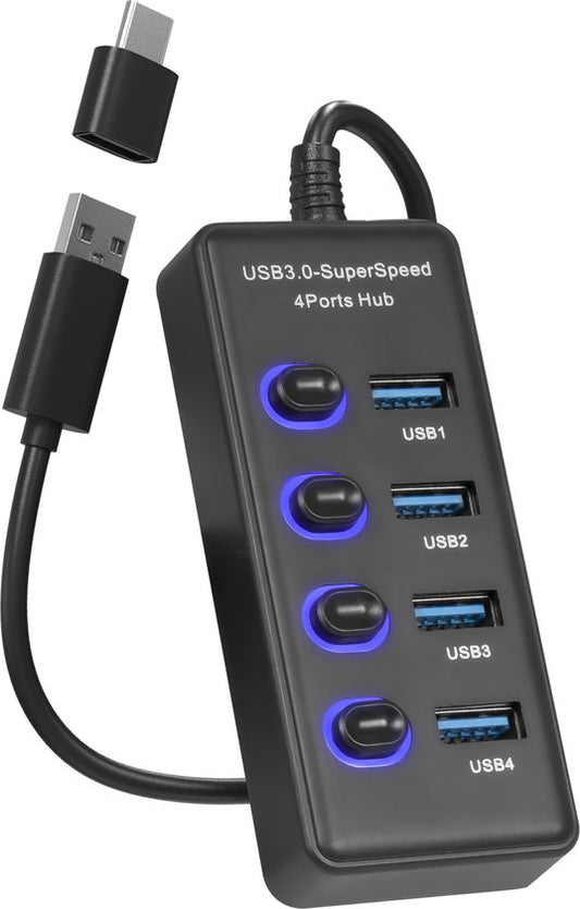 Nuvance - Hub USB 3.0 - 4 ports - Répartiteur - Hub/adaptateur USB C - Universel - Interrupteur marche/arrêt - Noir