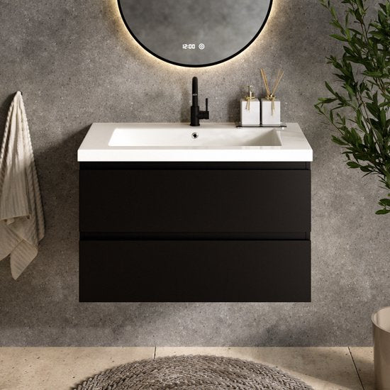 Mirlux Tapis de salle de bains Noir 80 cm - Lavabo Blanc - Meubles de salle de bains - Tapis de salle de bains Noir