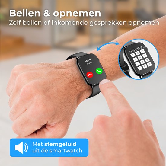 Nuvance - Smartwatch Hommes et Femmes avec Bluetooth - IP68 Waterproof - Convient à tous les Smartphones - Podomètre et moniteur de fréquence cardiaque - Noir