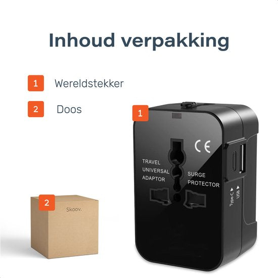 Universal World Plug 150+ Countries - International - Conversion - Travel plug - Adaptateur - Pour l'Amérique, l'Amérique du Sud, l'Angleterre (UK), l'Asie, l'Europe, l'Afrique, l'Italie, la Thaïlande, Curaçao - 2x USB-C et 2x USB-A - Type G, Léger - Skoo