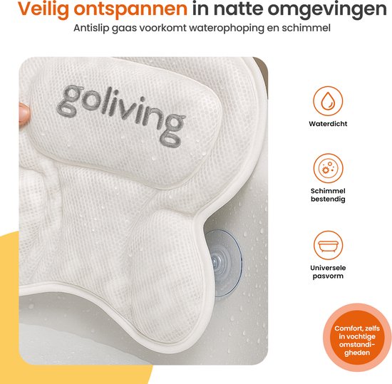 Coussin de bain Goliving - Coussin ergonomique pour le bain - Avec 6 ventouses - Sac de lavage inclus - Antidérapant, léger et imperméable - 100% Polyester - Blanc