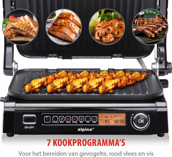 alpina Contact Grill 2100W - Appareil à sandwich avec 7 supports de gril - Gril de table avec plaques amovibles - Gril à panini 37,6 x 33,1 cm - Revêtement antiadhésif - acier inoxydable/Aluminium