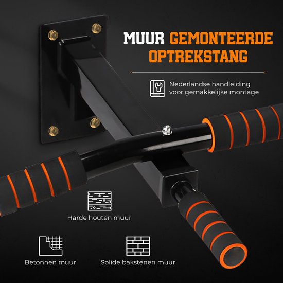 TTD® Premium Pull Up Bar - Pull Up Station - Wall Mounted Pull Up Bar - Dip Station - Dip Bars - Home Sports - Home Fitness - Premium materials - Extra Sturdy up to 250KG - Includes mounting parts - Home workout - Black/Orange