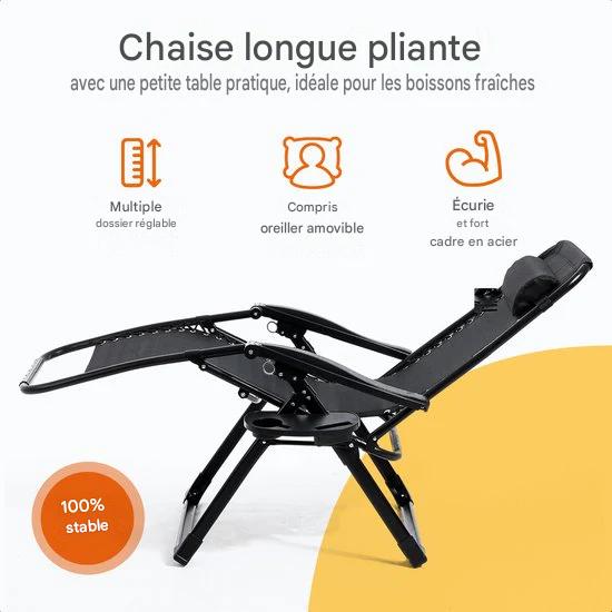 Chaise longue pliante Goliving - 3 pieds - 110 x 66 x 178 cm - Chaise de jardin réglable avec table - Chaise de camping pliante - Chaise longue d'extérieur - Chaise pliante de jardin - Noir