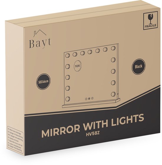 Bayt Hollywood Mirror with Lighting - Miroir de maquillage avec éclairage - Miroir avec éclairage - Dimmable - Grossissement 10x - 58x46cm - Noir
