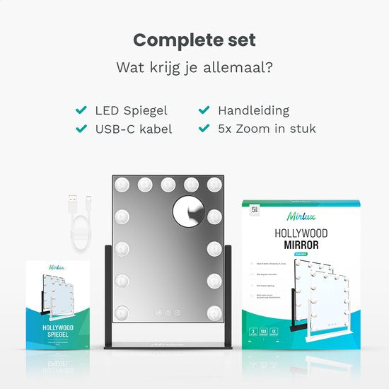 Mirlux Make Up Hollywood Mirror with Lighting (44x30cm) Vision - Dimmable LED Bulb Light - 13 Lamps - Black