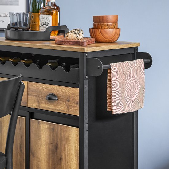SoBuy Chariot de cuisine à roulettes, îlot de cuisine avec porte-bouteilles, 2 tiroirs et 2 portes, marron vintage, 89x40x87 cm, buffet et meuble de rangement - FKW122-SCH