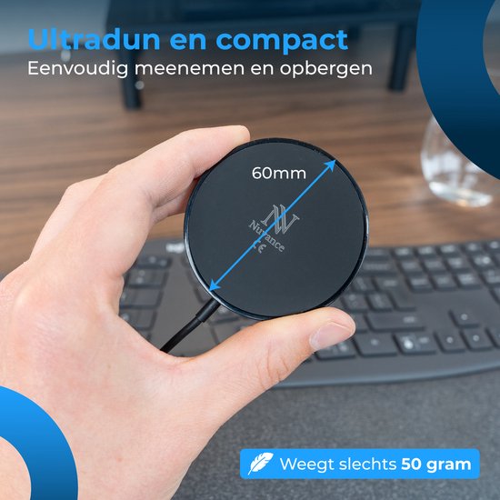 Nuvance Wireless Charger - Chargeur rapide 15W - Convient à Magsafe - Chargeur sans fil - Câble Usb-C inclus - Noir