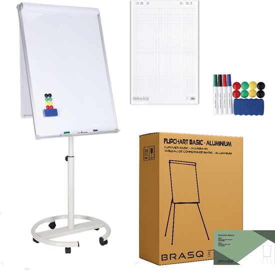 BRASQ Flipchart Mobile Deluxe - 70x100 cm - Tableau blanc ajustable - 25 feuilles de papier et accessoires inclus - avec bras extensibles - Tableau magnétique avec crochets - Tableau magnétique - Blanc