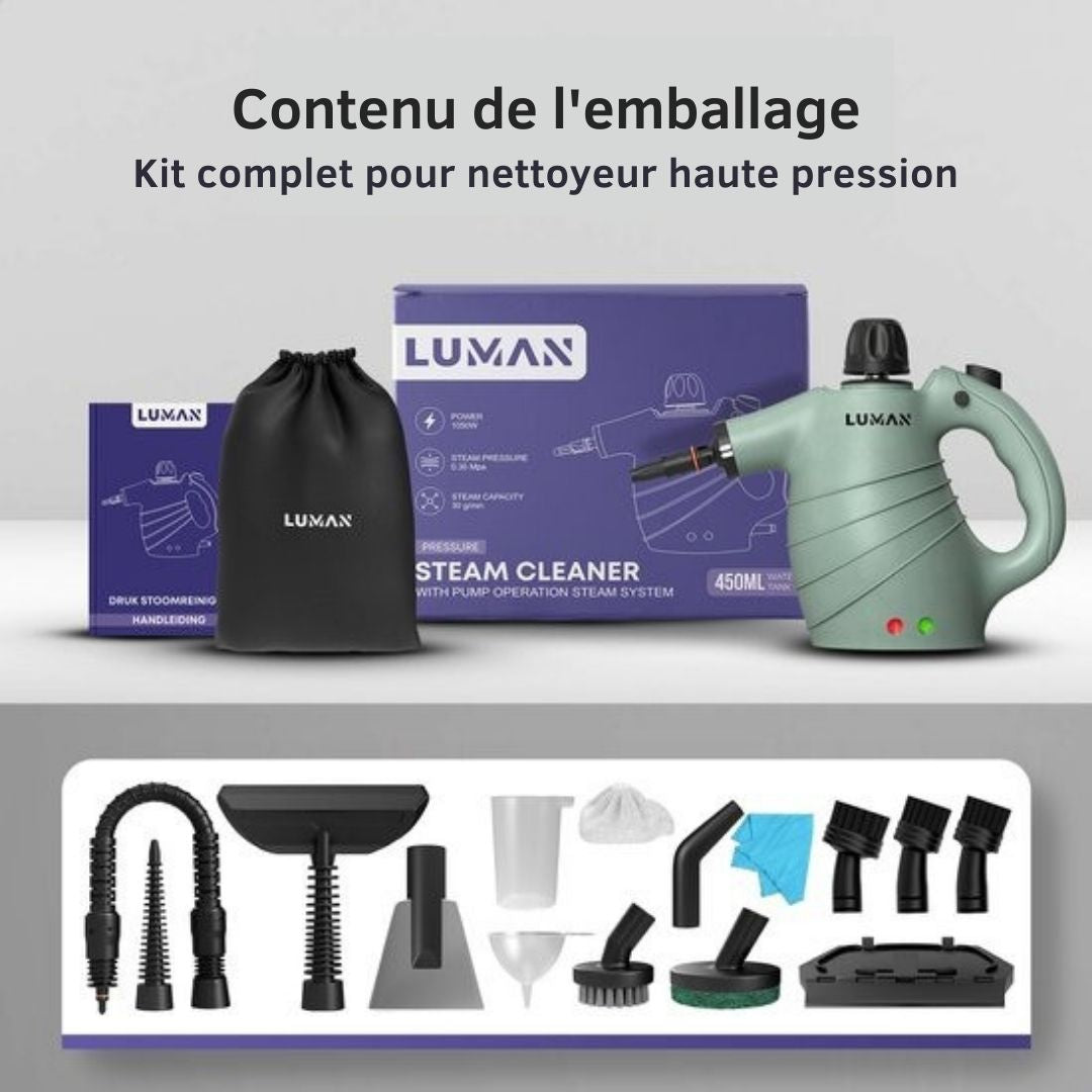 Nettoyeur vapeur portatif - LUMAN - Nettoyeur vapeur à main - 16 en 1 - Détachant - 1050 Watts - 450 ML - Vert