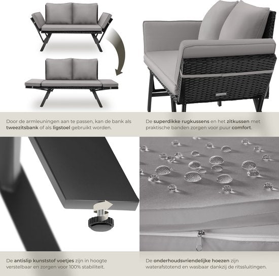 tectake® 2-in-1 Banc de jardin en osier Sintra - mains courantes réglables - set de jardin - chaise longue - banc de salon de balcon - coussins inclus - canapé de salon d'extérieur - lit solaire résistant aux UV et aux intempéries - gris clair/noir