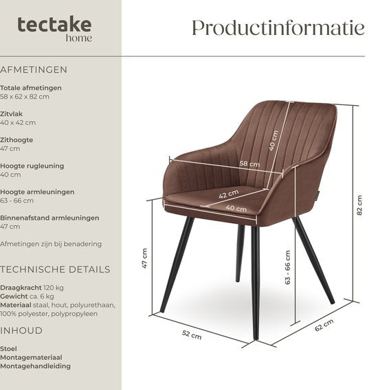 tectake® Dining Chair Marilyn - Chaise tapissée aspect velours - motif de couture - pieds de chaise noirs - chaise de cuisine ergonomique - avec dossier et accoudoirs continus - chaise pour salon, salle à manger, chambre à coucher - marron