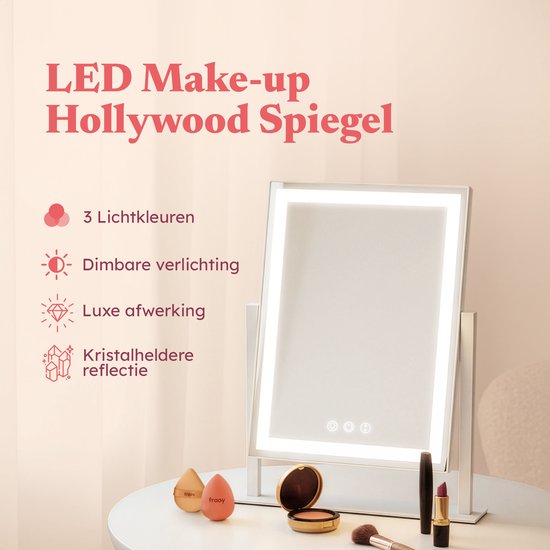 Fraay® Hollywood Mirror with Lighting 41x30cm - 3 Light Stages - Make-up Mirror with 10x Magnification Mirror - LED Strip Lighting Dimmable - Incl. Beauty Blenders and Powder puff