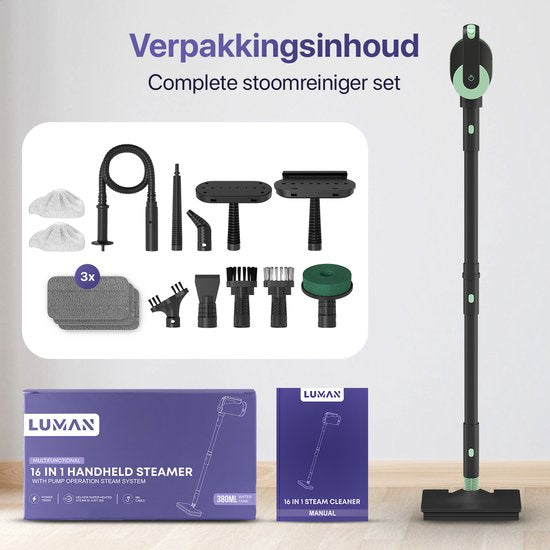 LUMAN 16 in 1 Steam Cleaner AND Hand Dryer V3 - Carpet Cleaner - Stain Cleaner - Floor Cleaner - With 16 Attachments and 3 Microfiber Cloths - Green (Nettoyeur à vapeur et séchoir à main 16 en 1 V3 - Nettoyeur de tapis, de taches et de sols)