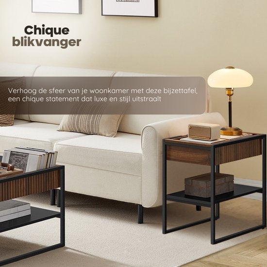 O'DADDY® Side Table - Table carrée - Avec tiroir réglable - Table d'appoint - Table basse - Table de chevet - 55x35x55 cm - Métal noir/bois brun