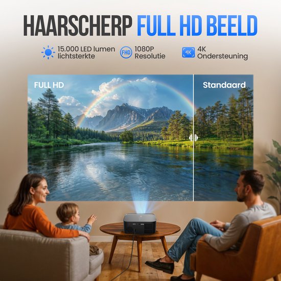 Strex Beamer - Projecteur Smart 1080P Full HD - Support 4K - WiFi & Bluetooth - Haut-parleurs intégrés - Mini Beamer Portable Home Cinema - WhaleOS - Sac de rangement inclus