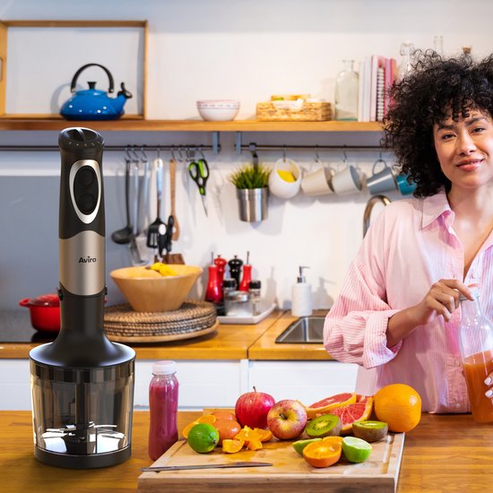 Aviro 6-in-1 Hand Blender Set - 1000W - 20 Speeds - Chopper, Milk Frother, Whisk & Measuring Cup - stainless steel