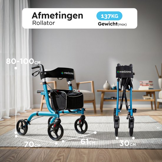 Déambulateur Medzone léger et pliable - fonction assise - intérieur et extérieur - dossier et support de canne - bleu