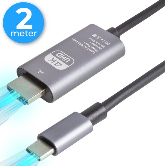 Nuvance - Câble USB C vers HDMI - 2 mètres - 4K Ultra HD - Convient aux téléphones, tablettes, ordinateurs portables, PC, caméscopes et moniteurs