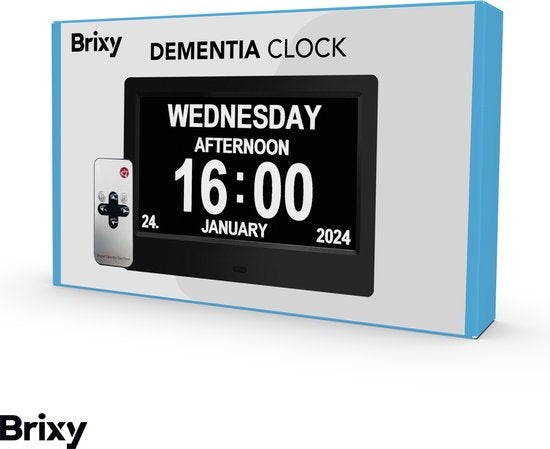 Brixy Dementia Clock - 24 fonctions d'alarme - télécommande incluse - fonction d'atténuation automatique - horloge calendrier - noir