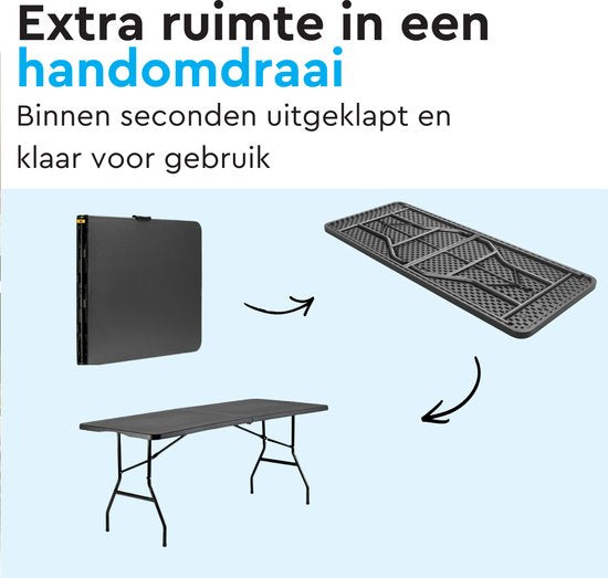 BRASQ Table pliante pliable noire - 180x70x74cm- Table de camping - Table pliante - Résistante aux intempéries - Table avec poignée de transport