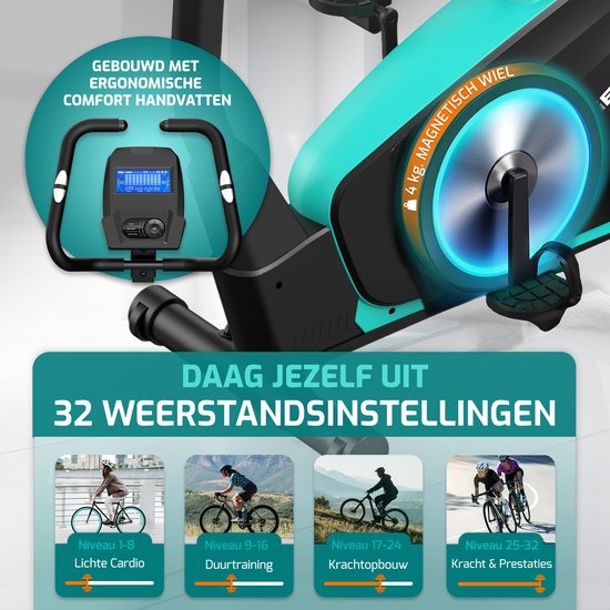 FITAGE Hometrainer - Vélo de fitness avec 32 niveaux de résistance - Support de tablette pour Bluetooth Kinomap & Zwift - Vélo d'entrée de gamme, ergonomique et silencieux - Hometrainers Fitness pour la maison