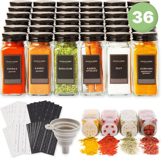 S.old - 36 pots à épices en verre carrés avec couvercle noir - Spice Spreader - Set complet avec couvercles à saupoudrer, autocollants préimprimés et entonnoir - Capacité 120 ml - 10,5 x 4,3 cm