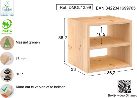 Astigarraga Meuble à compartiments ouvert - avec étagère - Pin PEFC - 36x36cm