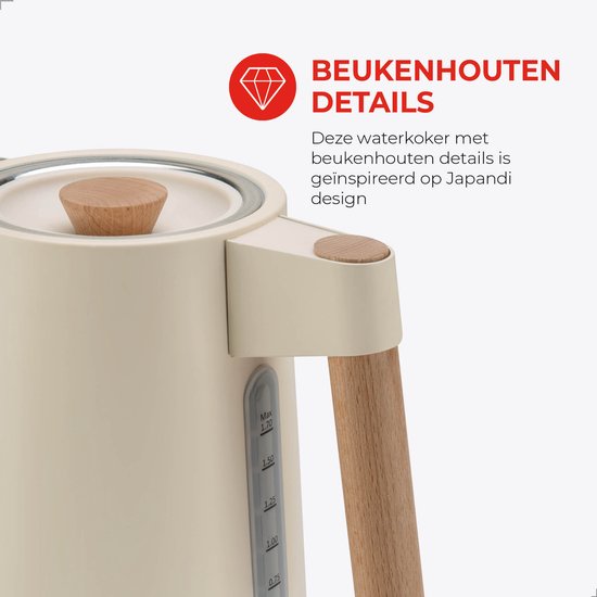 Bourgini Harmony - Bouilloire - acier inoxydable - Crème avec éléments en hêtre véritable - 1.7L - Light design