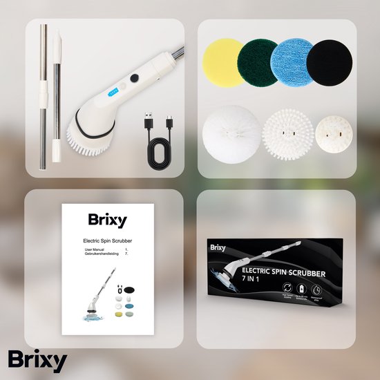 Brosse de nettoyage électrique Brixy - Brosse à récurer extensible - Sans fil - 8 accessoires - Brosse à récurer - Blanc