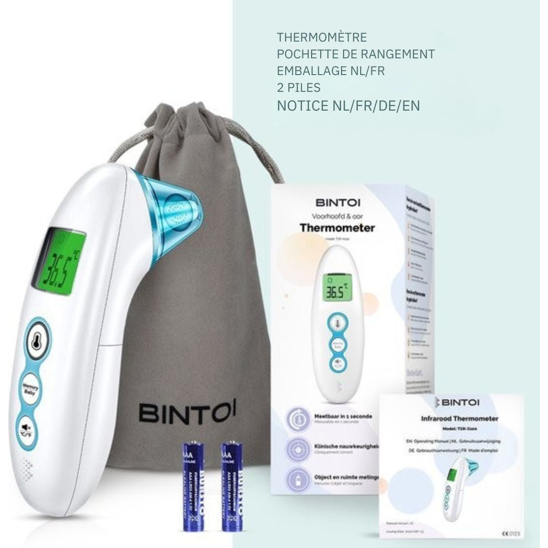 Thermomètre auriculaire digital Bintoi® X100- frontal infrarouge - Indicateur de température - médical pour adultes et bébés - Mesure instantanée en 1 seconde - Piles incluses - blanc