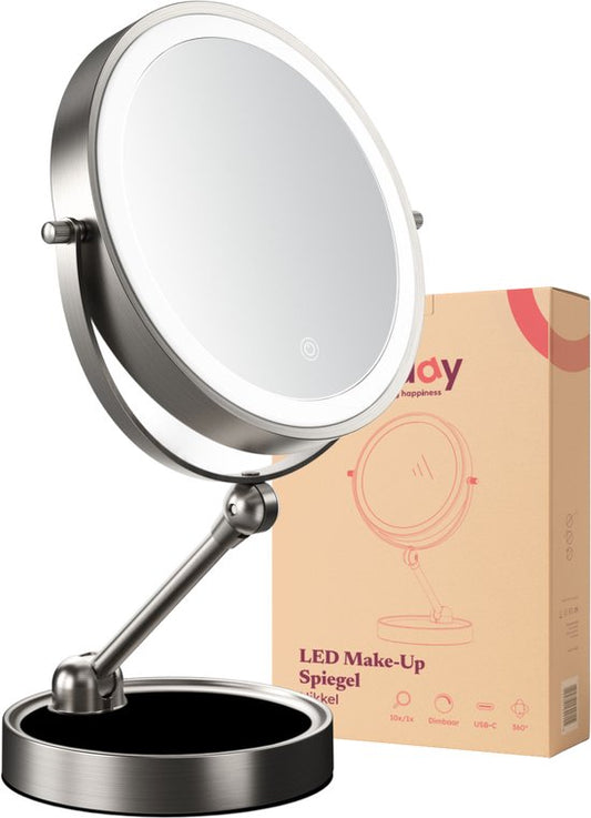 Fraay® Miroir de maquillage avec éclairage LED - grossissement 10x - Miroir grossissant avec lumière - rechargeable - Miroir de rasage - Miroir de salle de bain - Nickel