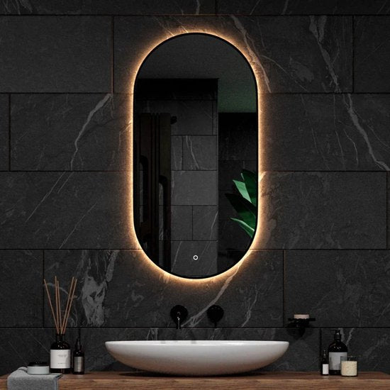 Mirlux Miroir de salle de bain avec éclairage LED et chauffage - Miroir mural ovale - Cadre noir - 100x50CM