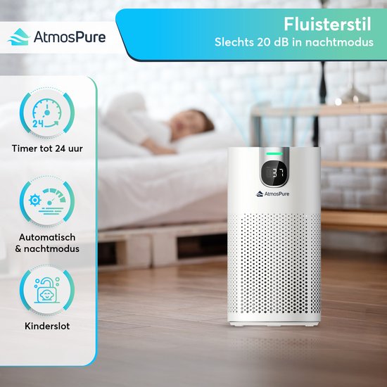 AtmosPure® CleanAir Air Purifier - Purificateur d'air avec filtre HEPA 13 + filtre à charbon remplaçable - CADR 250 m³/h - Blanc - Pour 97 m² - Lutte contre les acariens, le rhume des foins, les allergies, -3 modes + mode sommeil silencieux - Capteur de q
