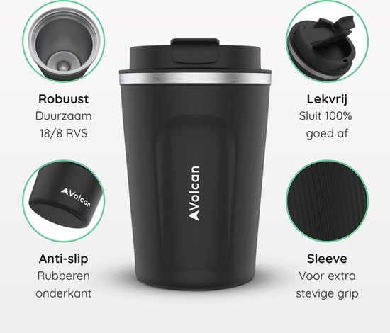 Tasse à café To Go en acier inoxydable Volcan - Tasse thermos - Etanche - Tasse à thé - 380ml - Noir