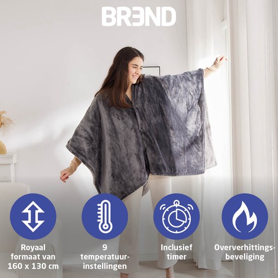 BREND BR-2220 Couverture électrique et Poncho - Sherpa et Flanelle Plaid - Cape de chaleur - 160 x 130 cm - 9 réglages de température - Anthracite