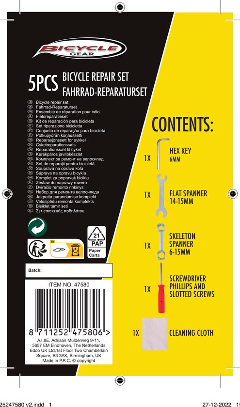 Bicycle Gear Kit de réparation pour vélo 5 pièces - Outils pour vélo - Tournevis, clé à molette, clé Allen, clé à molette et chiffon de nettoyage - Argent
