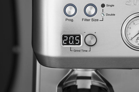 Solis - Machine à espresso avec moulin à grains - réservoir d'eau de 2,6 l & avec mousseur à lait - manomètre et pré-infusion intégrés - pour une qualité de barista à la maison - acier inoxydable argenté