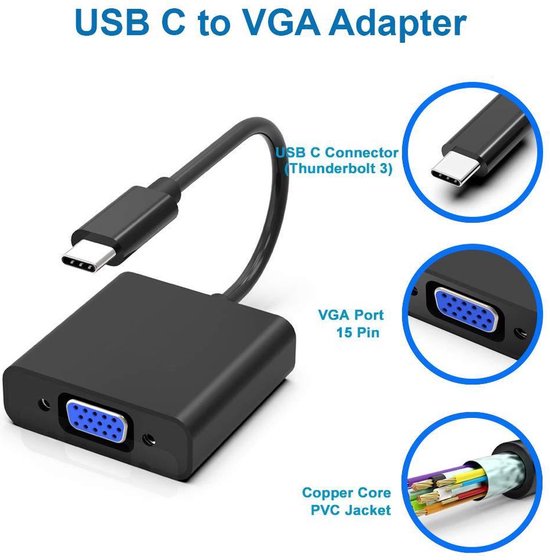 Techvavo® Adaptateur USB C vers VGA - USB C vers VGA - Full HD 1080P - Mâle vers Femelle - Noir