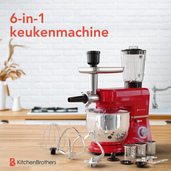 KitchenBrothers Robot de cuisine 6-en-1 - 1500W - Avec hachoir, blender et 15 accessoires - Bol en acier inoxydable de 6,2L - Rouge