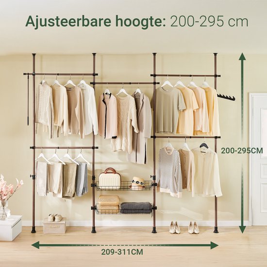 SoBuy Penderie télescopique - Penderie ouverte réglable avec tringles à vêtements et étagères - Marron, L(209-311) x H(200-295) cm, KLS04-II-BR, pour Chambre à coucher, Walk-in Closet
