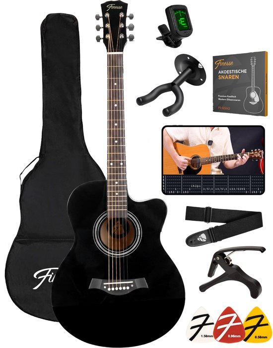 Finesse Acoustic Guitar - with Video Course - 4/4 40" - Western Guitar - Guitare enfant et adulte - Noir
