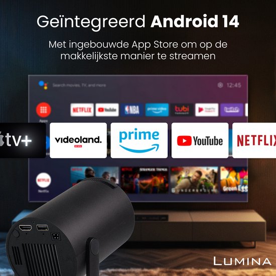 Lumina® Pro Mini Beamer 2026 - Projecteur intelligent Android 14 avec Google Playstore - Home cinéma - Pour iOS & Android - WiFi 6 & Bluetooth 5.4 - Noir
